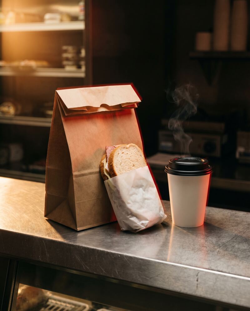 A takeout bag, a wrapped sandwich and a coffee on the deli counter